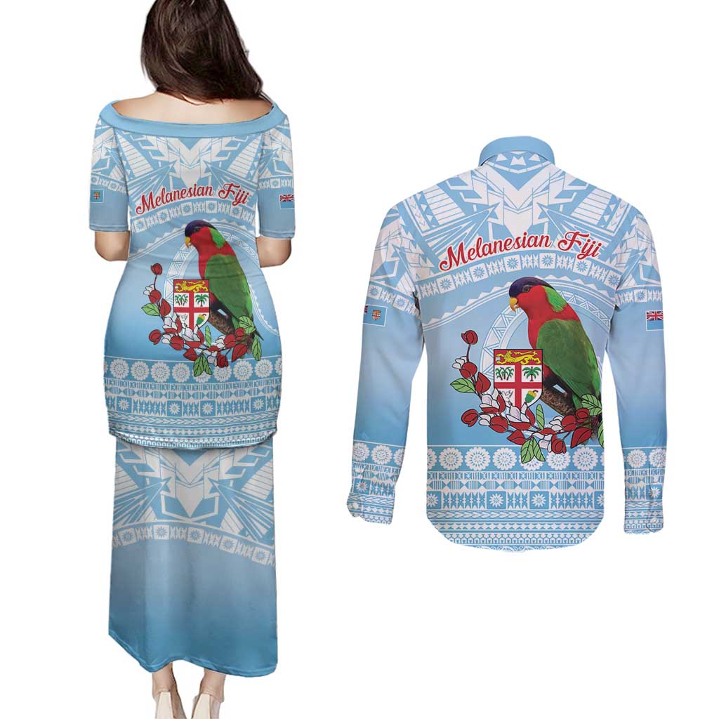 Melanesian Fiji Kula Bird Couples Matching Puletasi and Long Sleeve Button Shirt with Tagimoucia Masi Tapa Pattern LT9 - Polynesian Pride