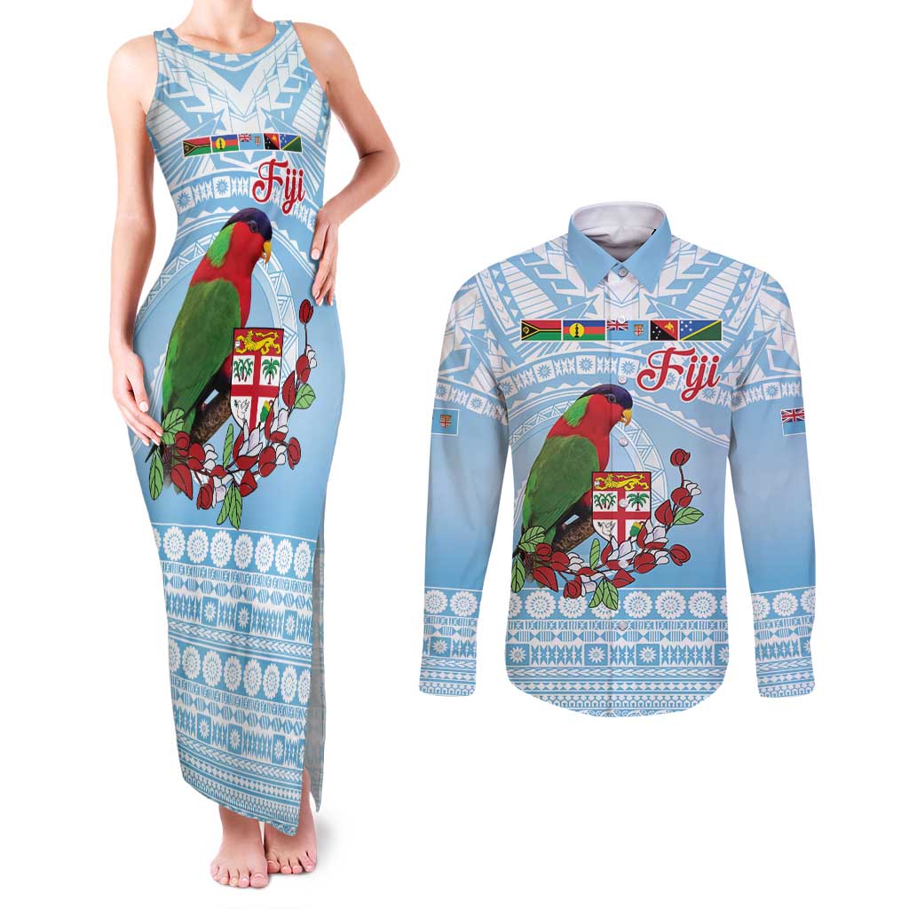 Melanesian Fiji Kula Bird Couples Matching Tank Maxi Dress and Long Sleeve Button Shirt with Tagimoucia Masi Tapa Pattern LT9 Blue - Polynesian Pride