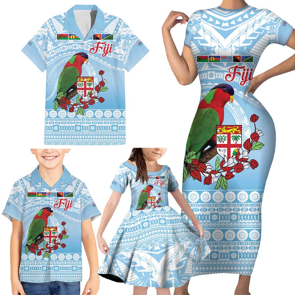 Melanesian Fiji Kula Bird Family Matching Short Sleeve Bodycon Dress and Hawaiian Shirt with Tagimoucia Masi Tapa Pattern LT9 - Polynesian Pride