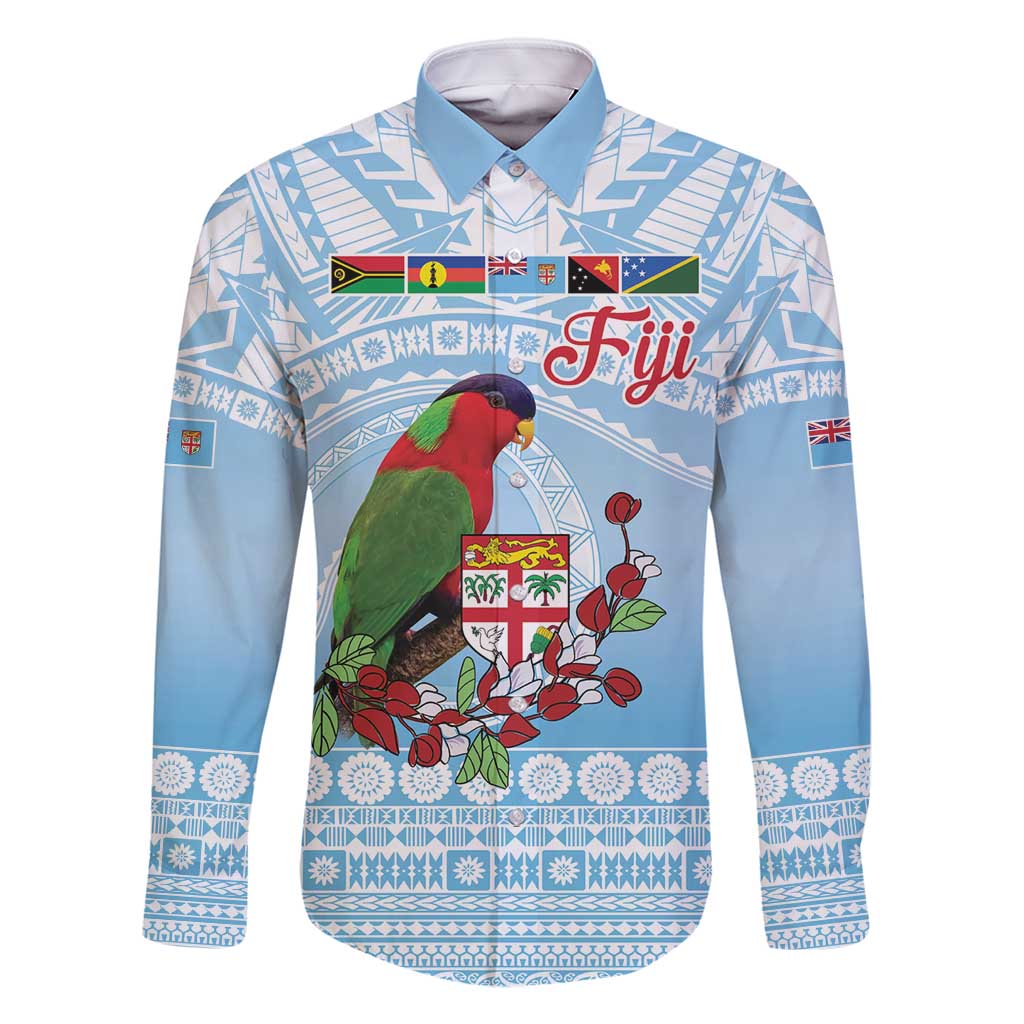 Melanesian Fiji Kula Bird Family Matching Summer Maxi Dress and Hawaiian Shirt with Tagimoucia Masi Tapa Pattern LT9 Dad's Shirt - Long Sleeve Blue - Polynesian Pride