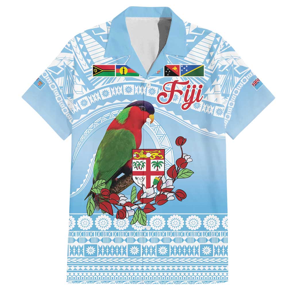 Melanesian Fiji Kula Bird Family Matching Tank Maxi Dress and Hawaiian Shirt with Tagimoucia Masi Tapa Pattern LT9 Dad's Shirt - Short Sleeve Blue - Polynesian Pride