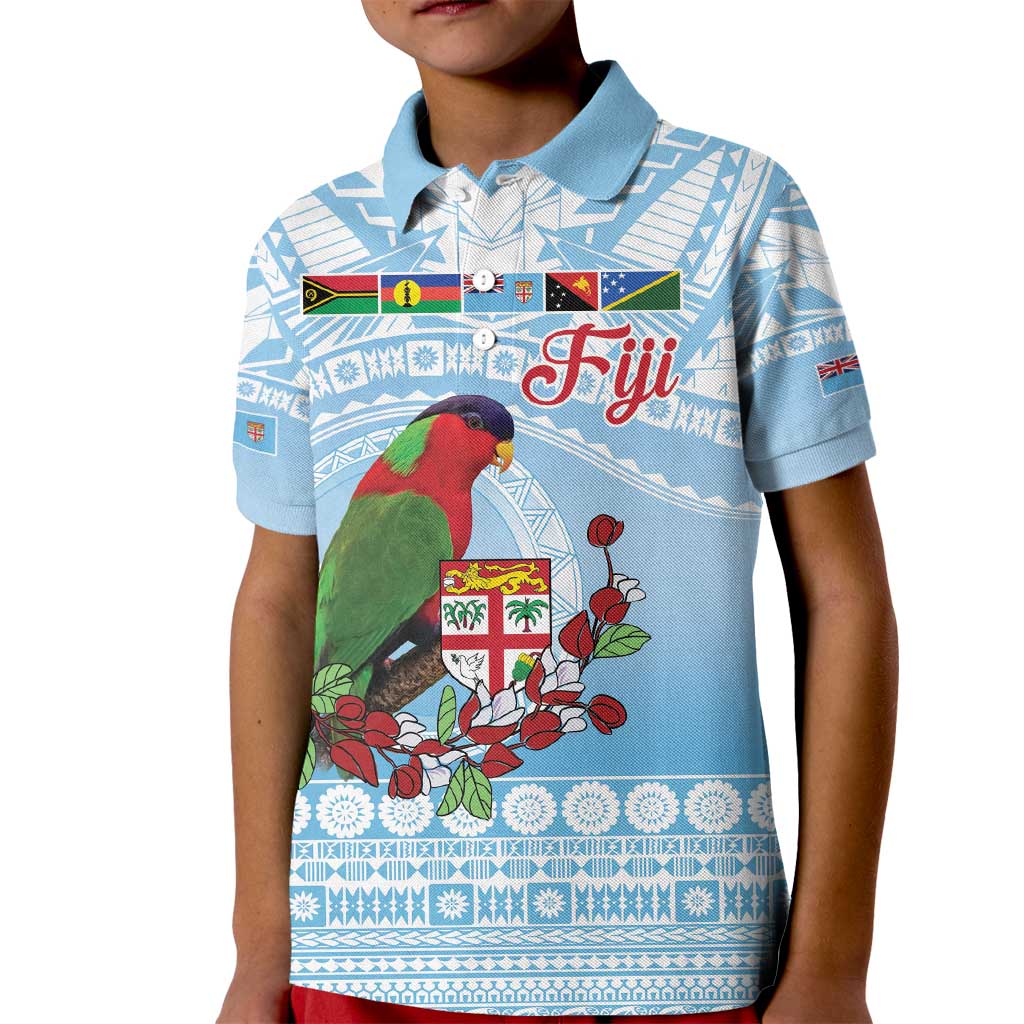Melanesian Fiji Kula Bird Kid Polo Shirt with Tagimoucia Masi Tapa Pattern LT9 Kid Blue - Polynesian Pride