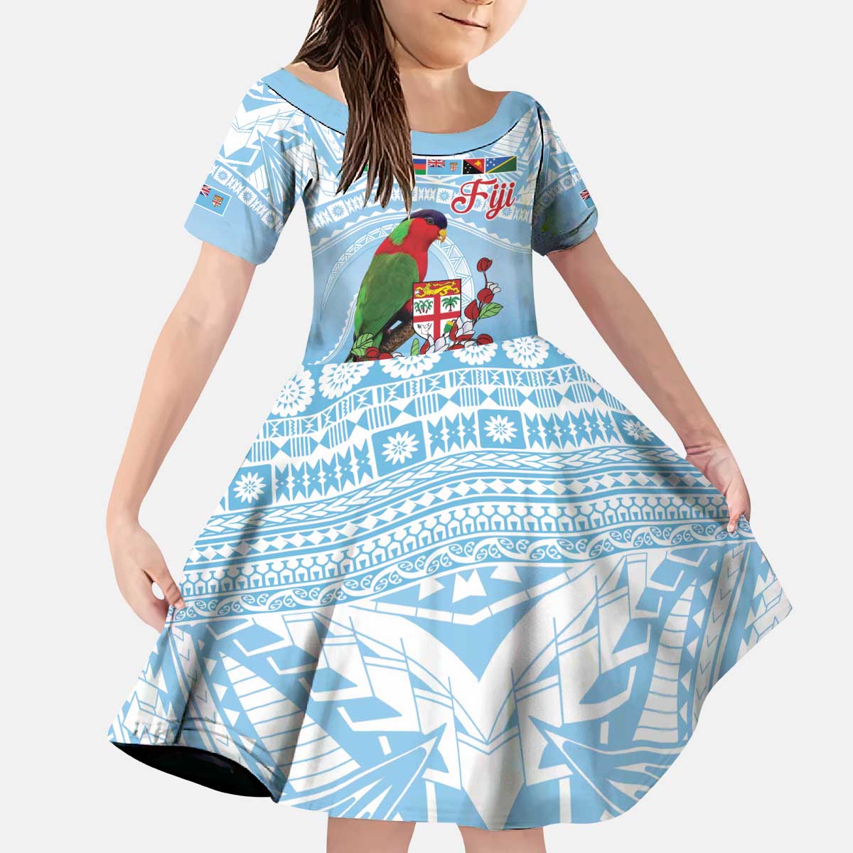 Melanesian Fiji Kula Bird Kid Short Sleeve Dress with Tagimoucia Masi Tapa Pattern LT9 KID Blue - Polynesian Pride