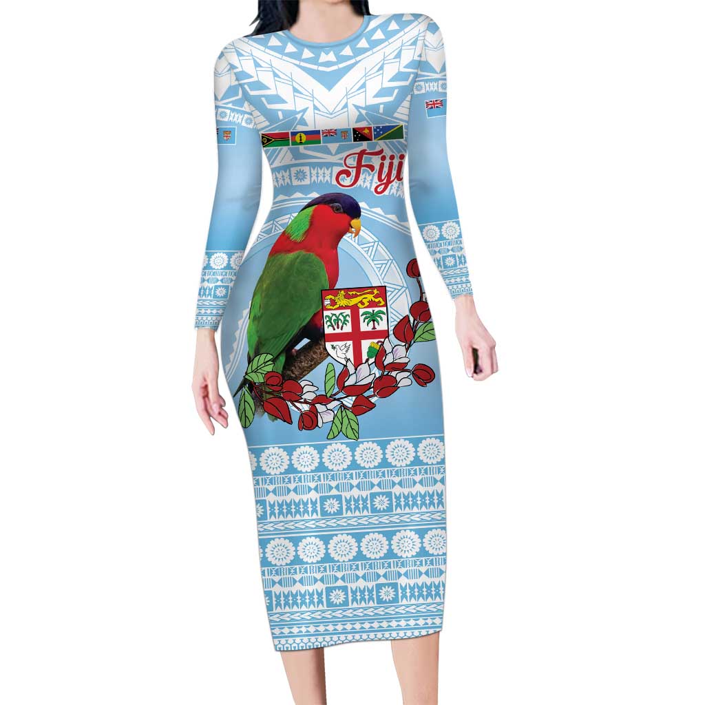 Melanesian Fiji Kula Bird Long Sleeve Bodycon Dress with Tagimoucia Masi Tapa Pattern LT9 Long Dress Blue - Polynesian Pride