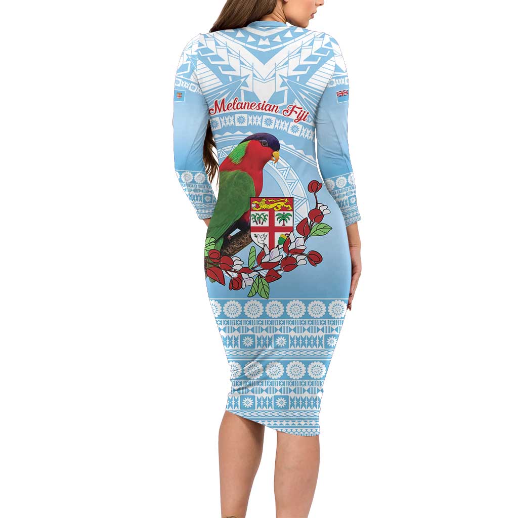 Melanesian Fiji Kula Bird Long Sleeve Bodycon Dress with Tagimoucia Masi Tapa Pattern LT9 - Polynesian Pride