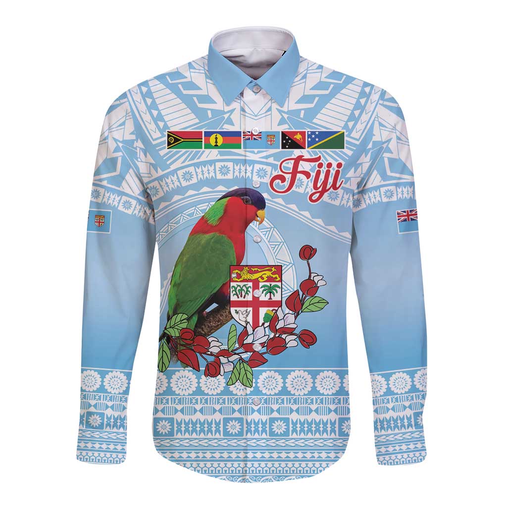 Melanesian Fiji Kula Bird Long Sleeve Button Shirt with Tagimoucia Masi Tapa Pattern LT9 Unisex Blue - Polynesian Pride
