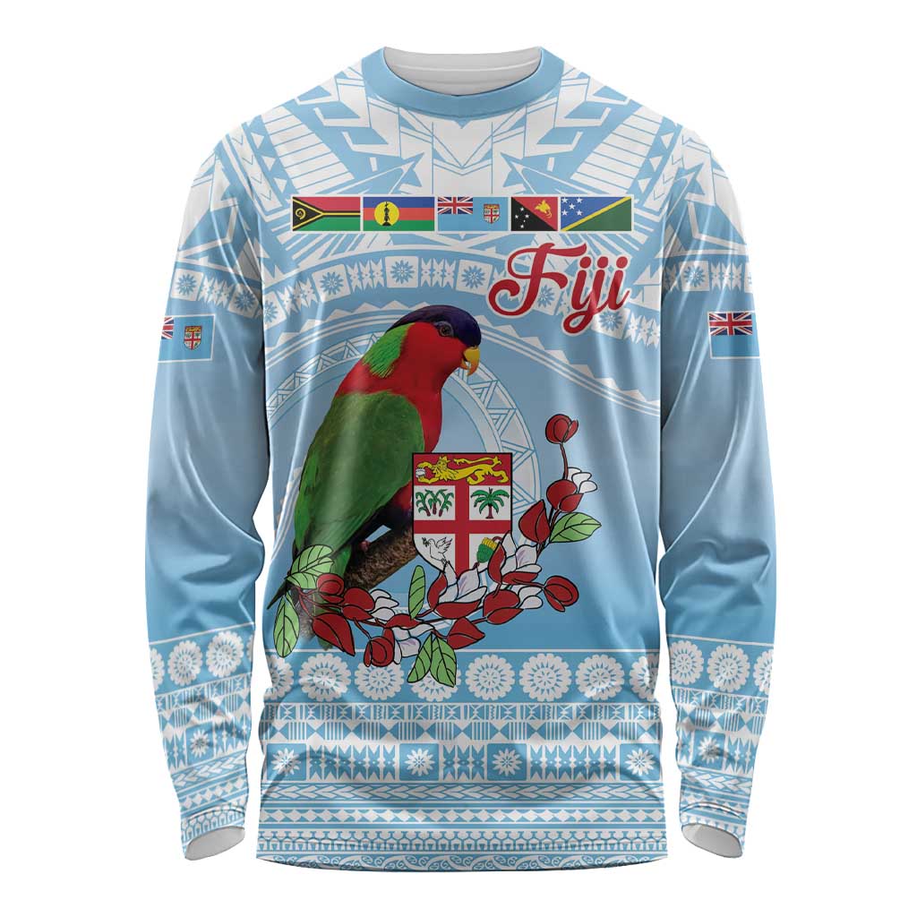 Melanesian Fiji Kula Bird Long Sleeve Shirt with Tagimoucia Masi Tapa Pattern LT9 Unisex Blue - Polynesian Pride