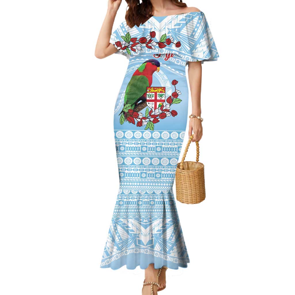Melanesian Fiji Kula Bird Mermaid Dress with Tagimoucia Masi Tapa Pattern LT9 Women Blue - Polynesian Pride