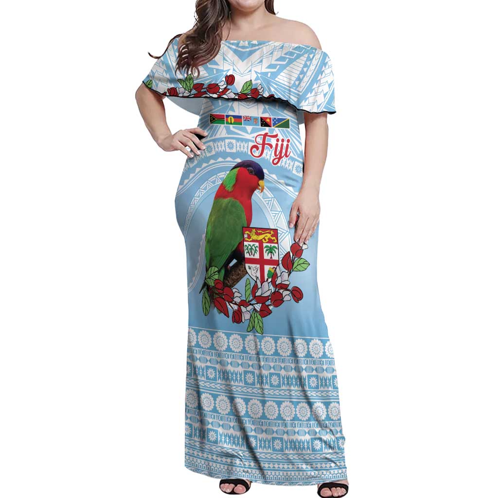 Melanesian Fiji Kula Bird Off Shoulder Maxi Dress with Tagimoucia Masi Tapa Pattern LT9 Women Blue - Polynesian Pride