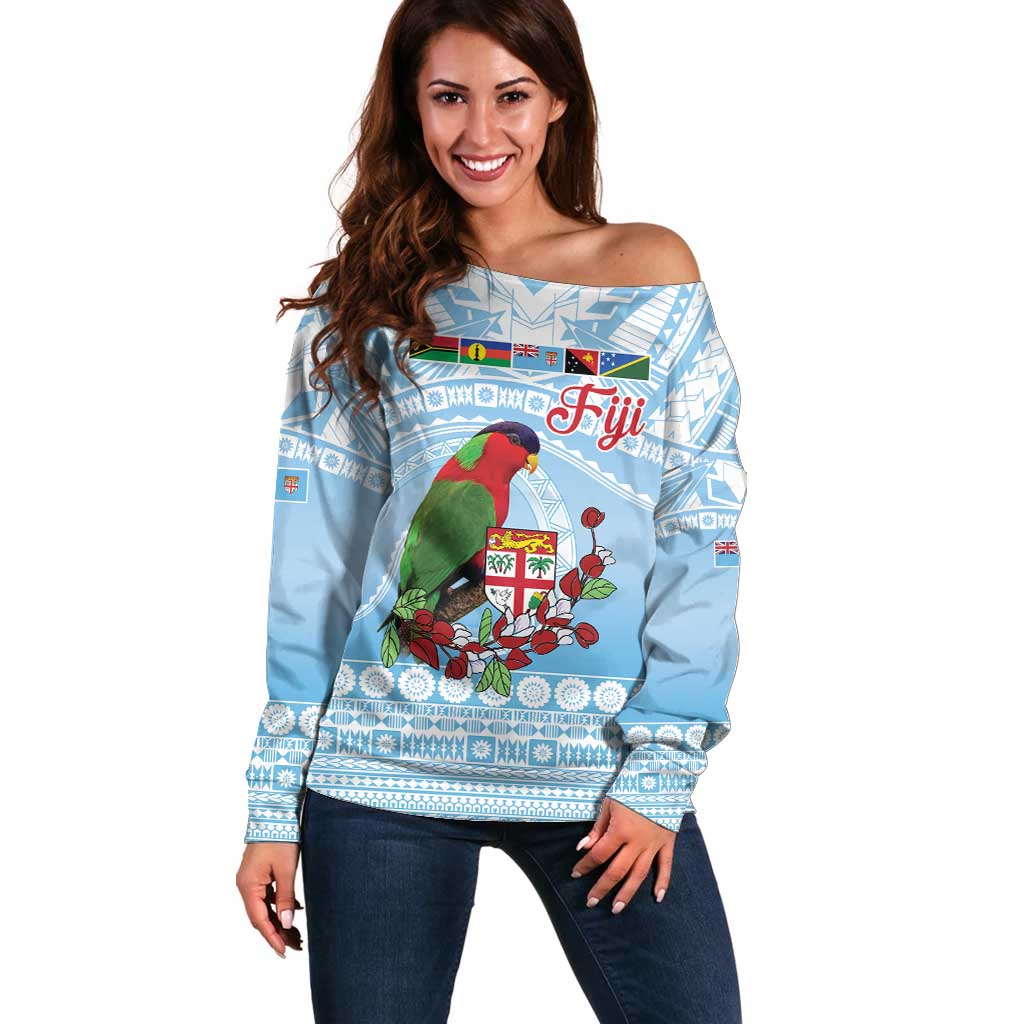 Melanesian Fiji Kula Bird Off Shoulder Sweater with Tagimoucia Masi Tapa Pattern LT9 Women Blue - Polynesian Pride