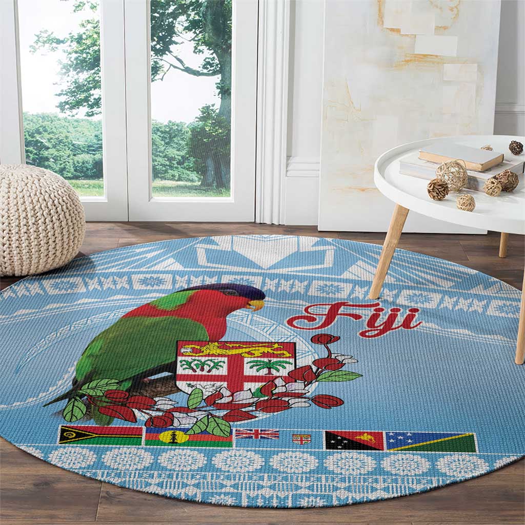 Melanesian Fiji Kula Bird Round Carpet with Tagimoucia Masi Tapa Pattern