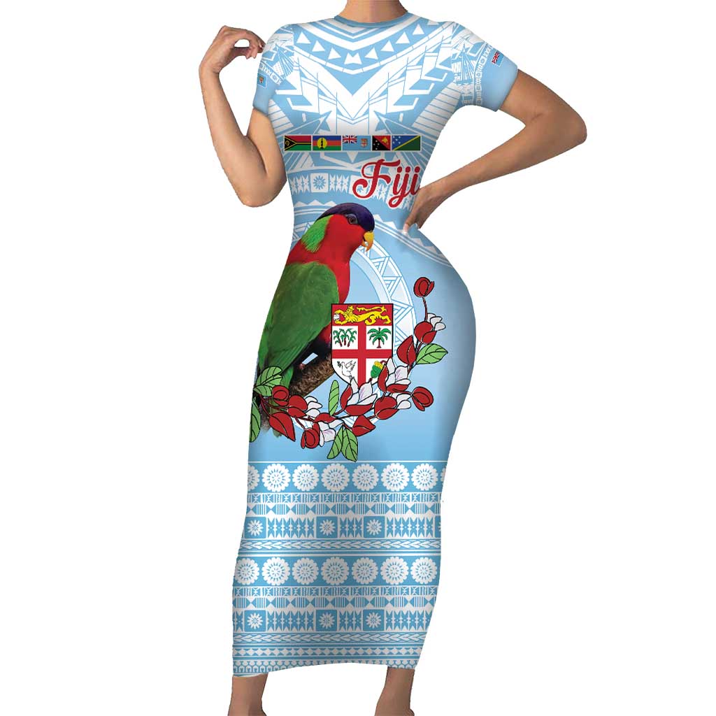 Melanesian Fiji Kula Bird Short Sleeve Bodycon Dress with Tagimoucia Masi Tapa Pattern LT9 Long Dress Blue - Polynesian Pride