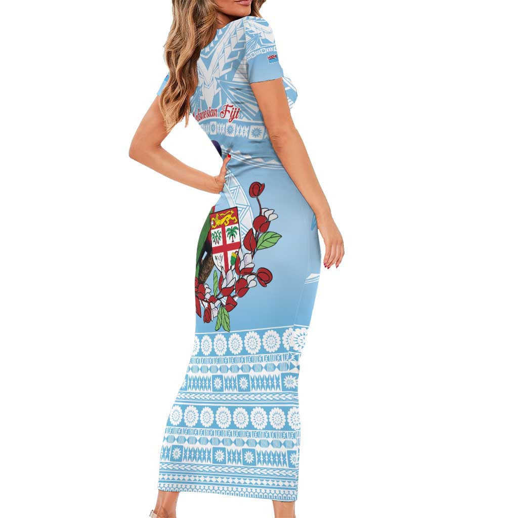Melanesian Fiji Kula Bird Short Sleeve Bodycon Dress with Tagimoucia Masi Tapa Pattern LT9 - Polynesian Pride