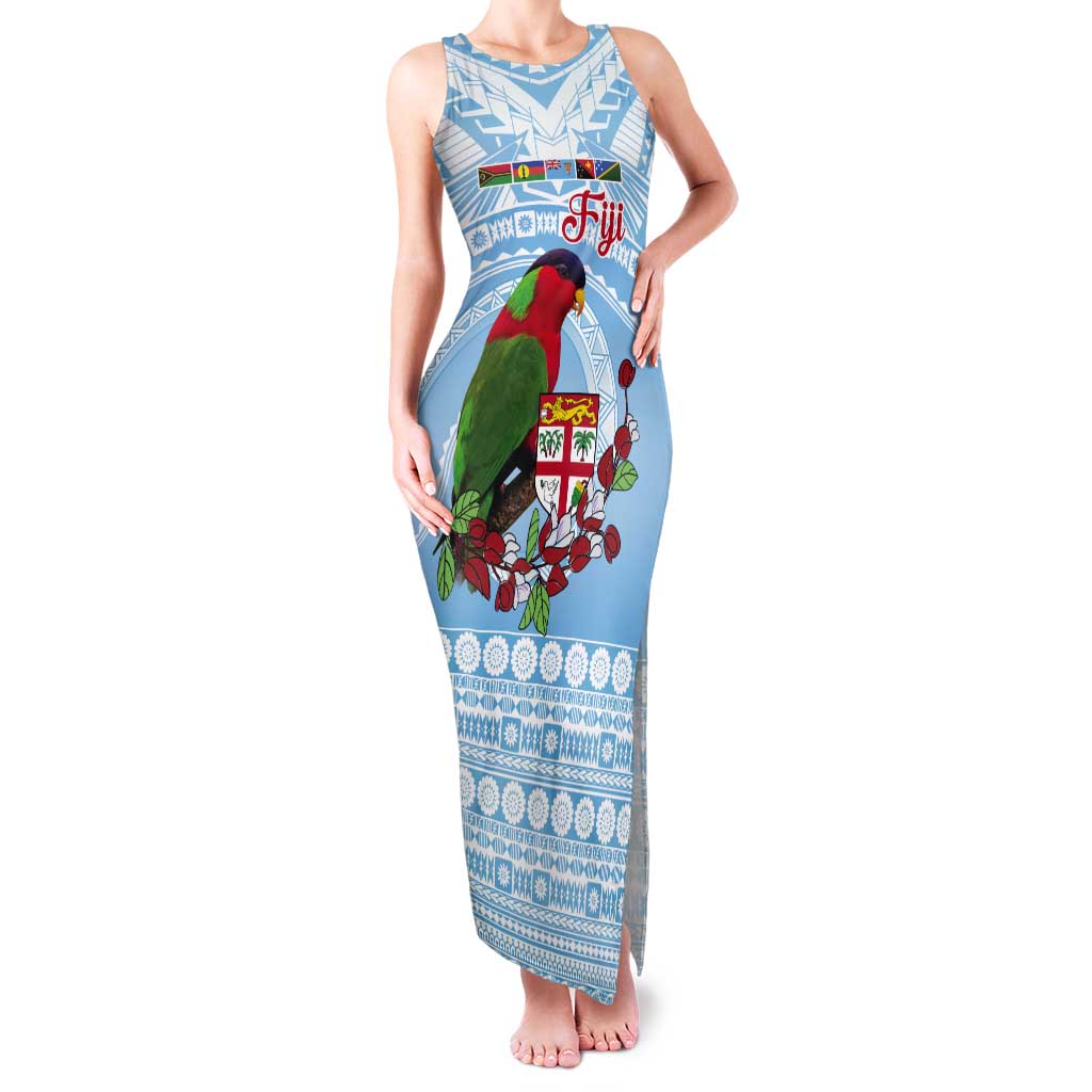 Melanesian Fiji Kula Bird Tank Maxi Dress with Tagimoucia Masi Tapa Pattern LT9 Women Blue - Polynesian Pride