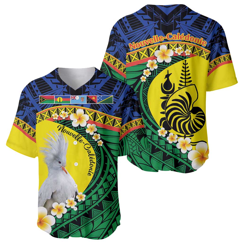 Melanesian New Caledonia Baseball Jersey Plumeria Kagu Bird and Nautilus Shell LT9 - Polynesian Pride