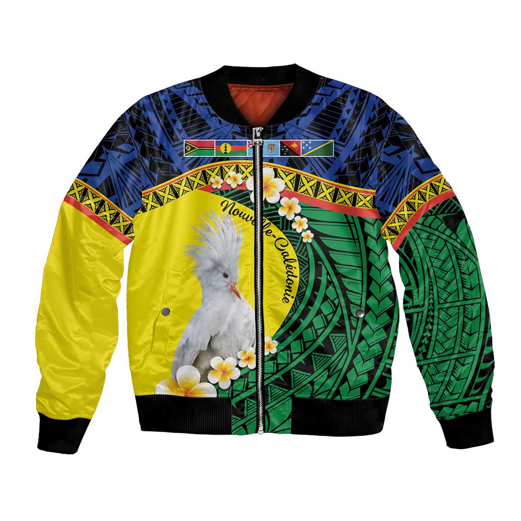 Melanesian New Caledonia Bomber Jacket Plumeria Kagu Bird and Nautilus Shell LT9 Unisex Blue - Polynesian Pride