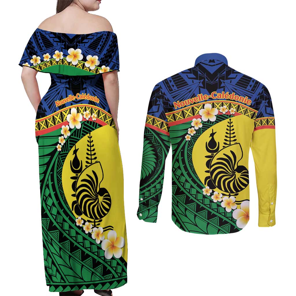 Melanesian New Caledonia Couples Matching Off Shoulder Maxi Dress and Long Sleeve Button Shirt Plumeria Kagu Bird and Nautilus Shell