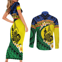 Melanesian New Caledonia Couples Matching Short Sleeve Bodycon Dress and Long Sleeve Button Shirt Plumeria Kagu Bird and Nautilus Shell