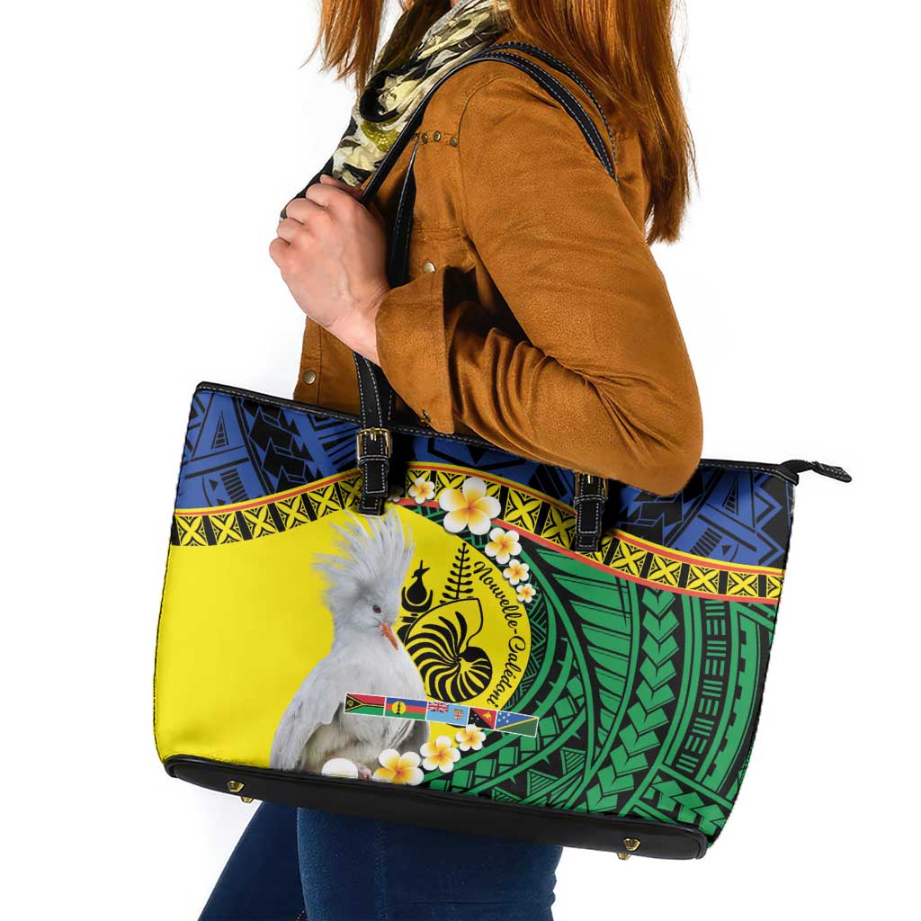 Melanesian New Caledonia Leather Tote Bag Plumeria Kagu Bird and Nautilus Shell LT9 Blue - Polynesian Pride