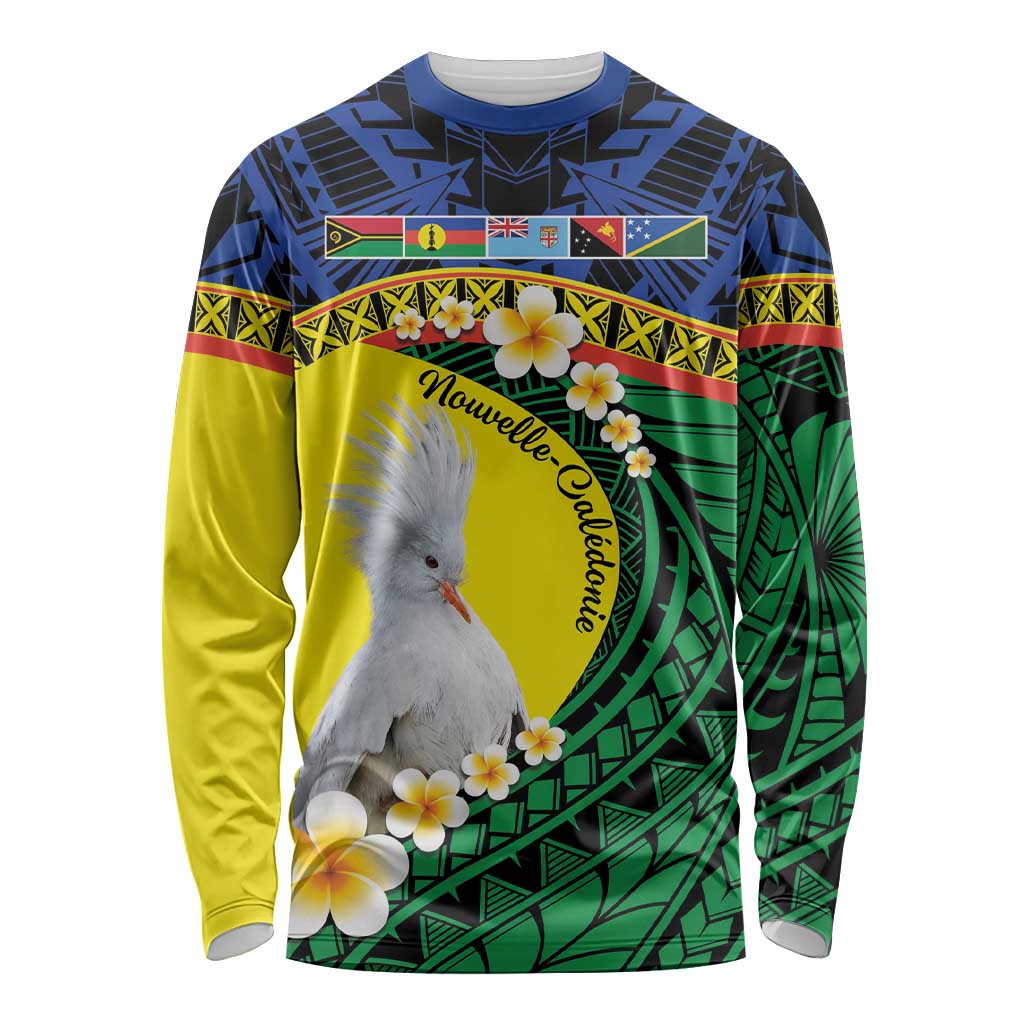 Melanesian New Caledonia Long Sleeve Shirt Plumeria Kagu Bird and Nautilus Shell LT9 Unisex Blue - Polynesian Pride