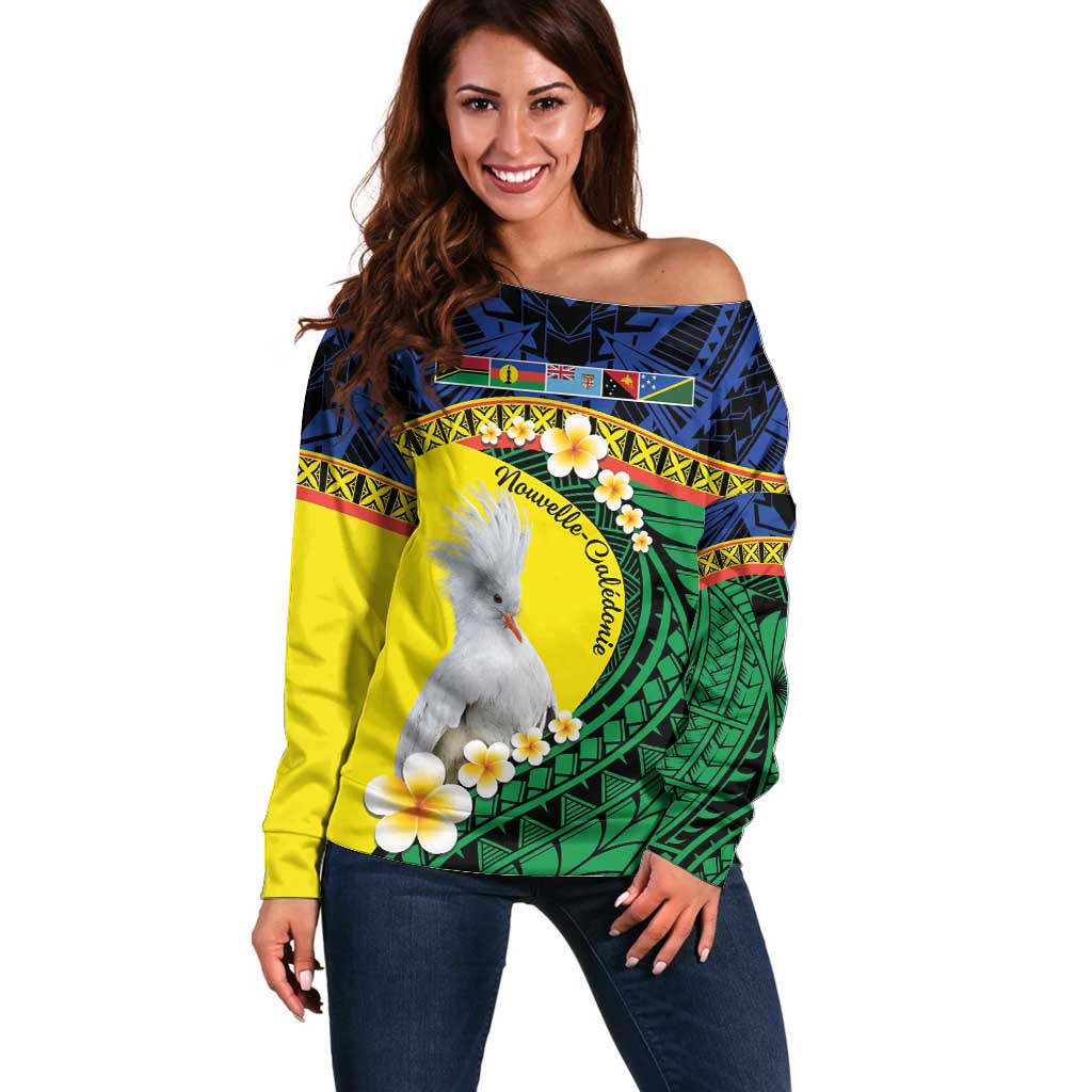 Melanesian New Caledonia Off Shoulder Sweater Plumeria Kagu Bird and Nautilus Shell LT9 Women Blue - Polynesian Pride
