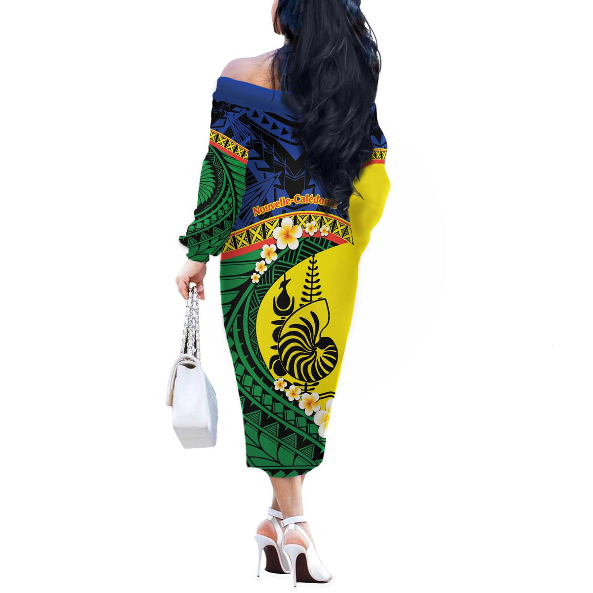 Melanesian New Caledonia Off The Shoulder Long Sleeve Dress Plumeria Kagu Bird and Nautilus Shell