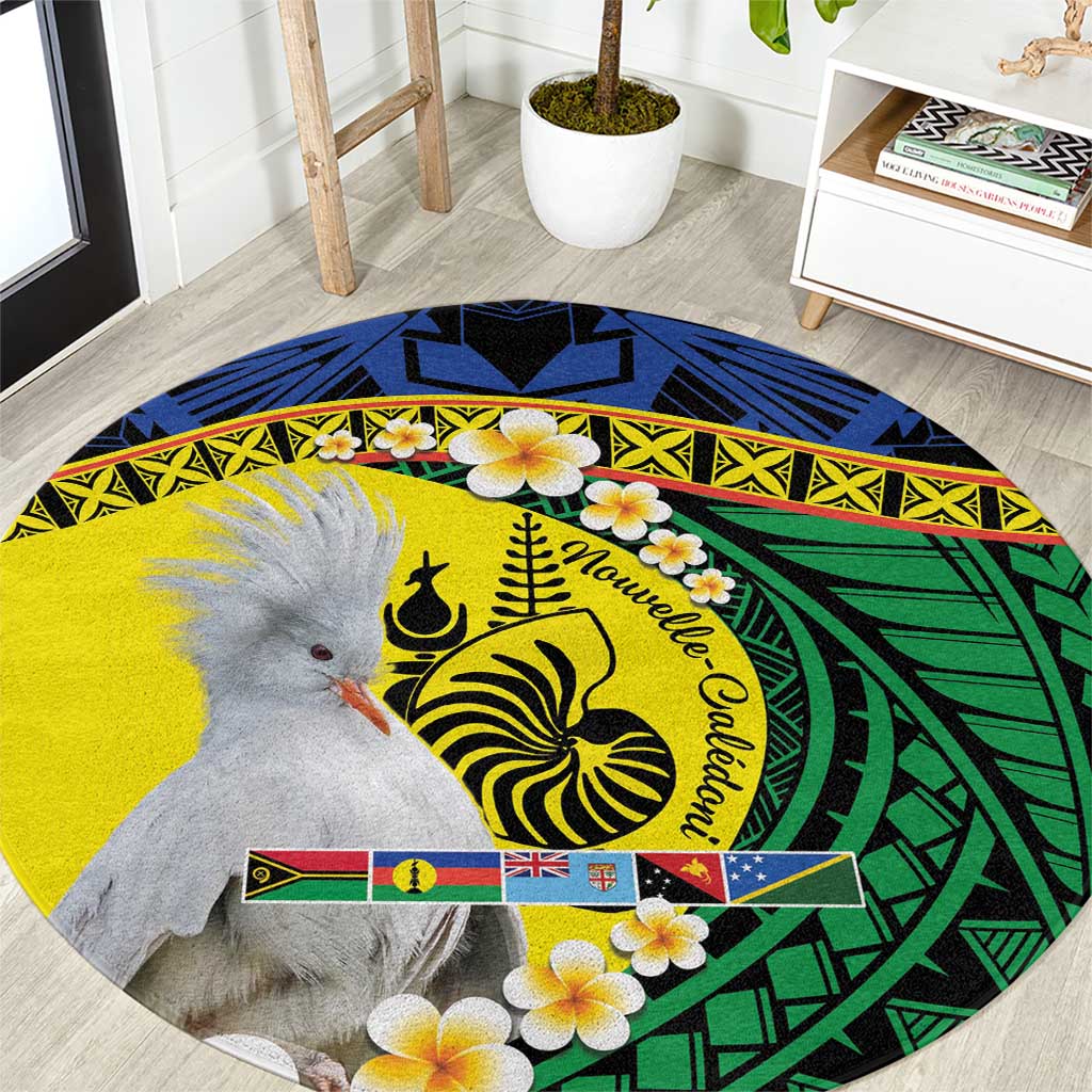 Melanesian New Caledonia Round Carpet Plumeria Kagu Bird and Nautilus Shell LT9 Blue - Polynesian Pride