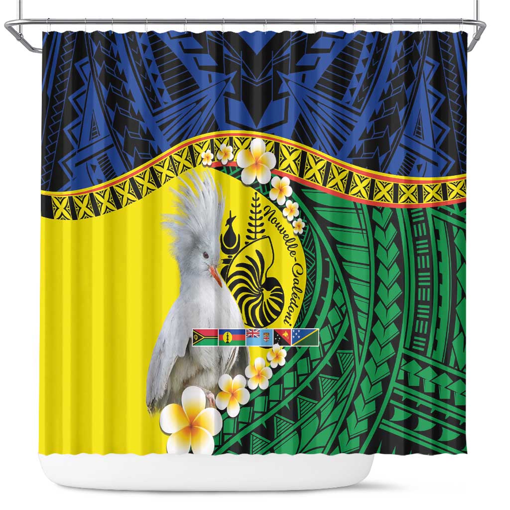 Melanesian New Caledonia Shower Curtain Plumeria Kagu Bird and Nautilus Shell LT9 Blue - Polynesian Pride