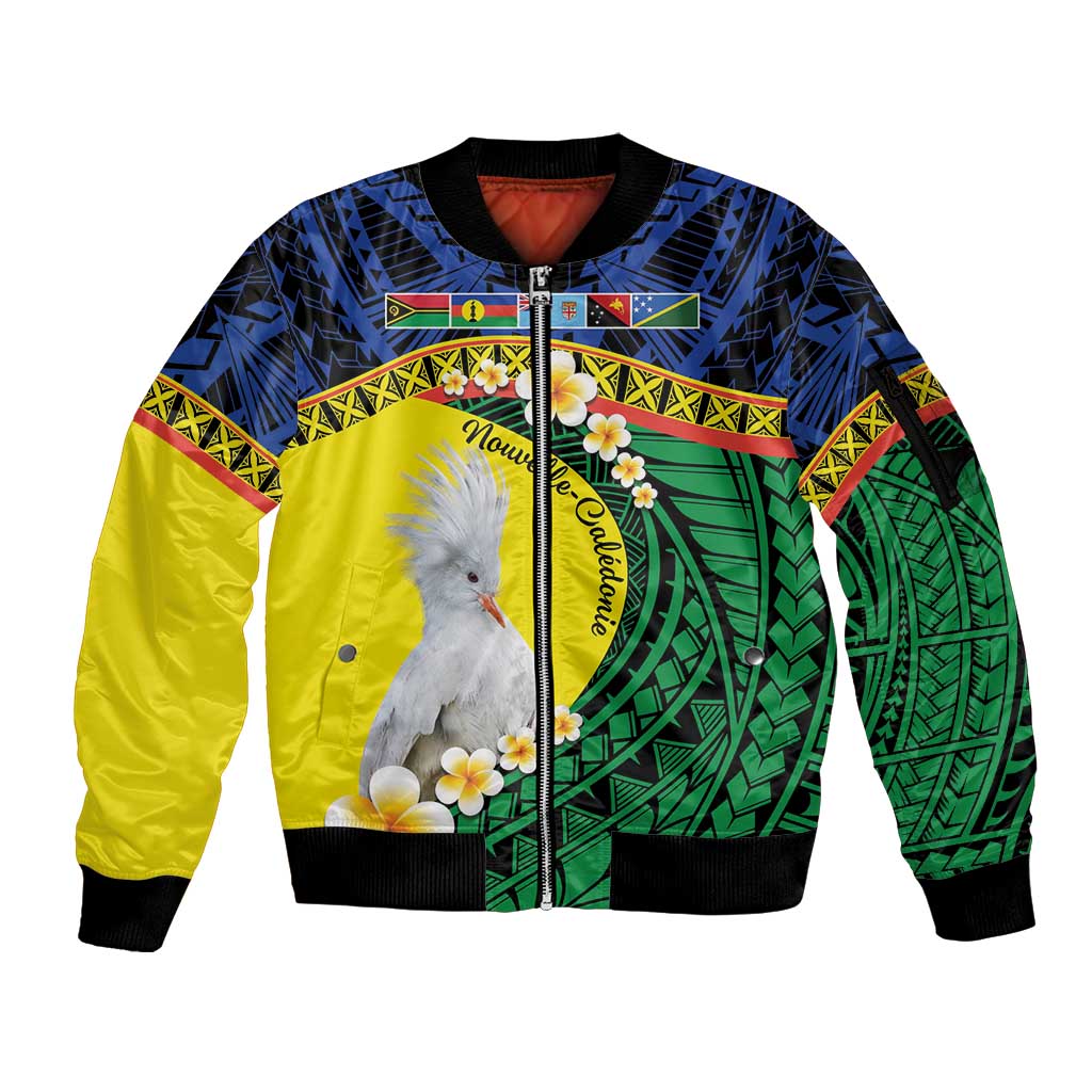 Melanesian New Caledonia Sleeve Zip Bomber Jacket Plumeria Kagu Bird and Nautilus Shell LT9 Unisex Blue - Polynesian Pride