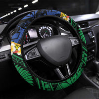 Melanesian New Caledonia Steering Wheel Cover Plumeria Kagu Bird and Nautilus Shell LT9 Universal Fit Blue - Polynesian Pride