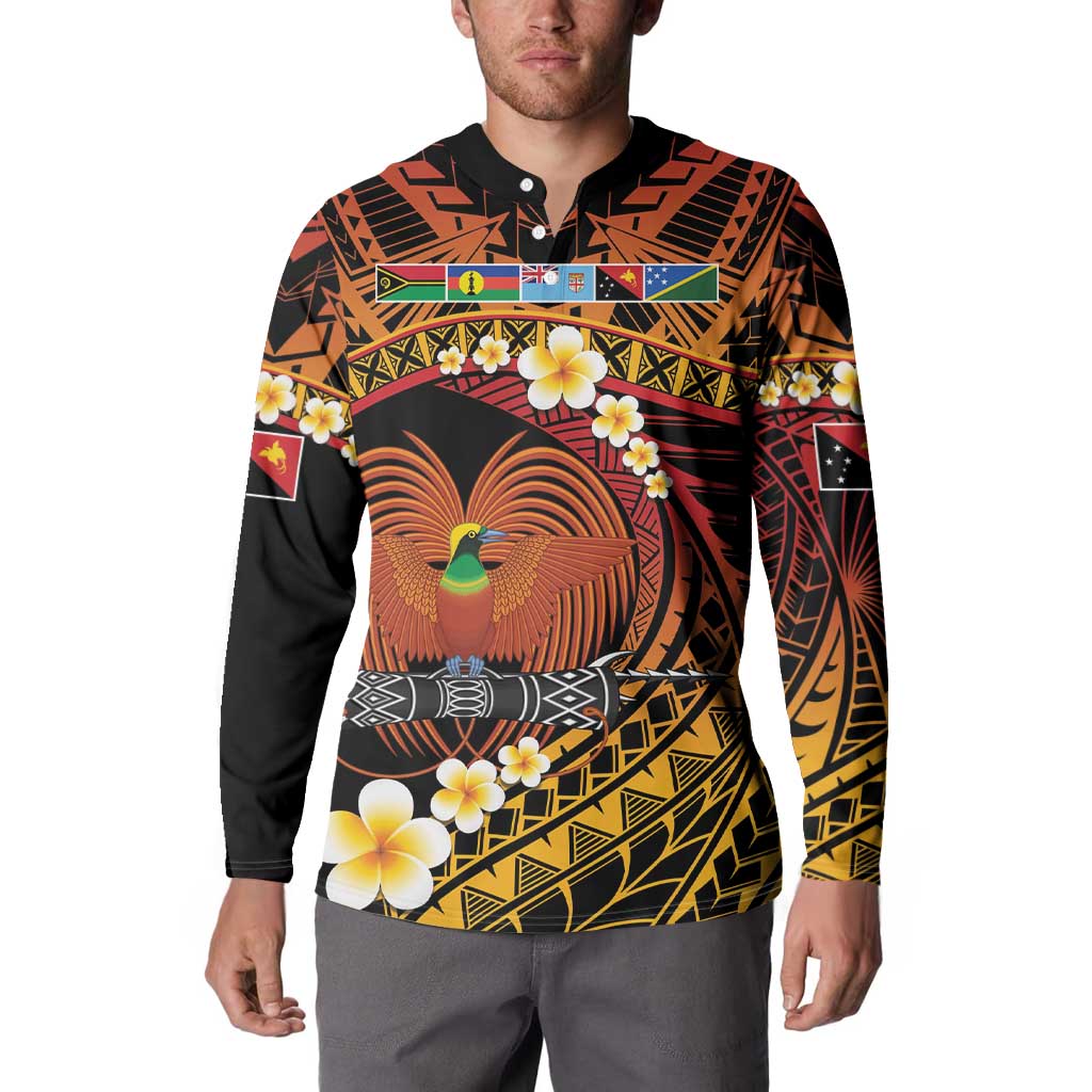 Melanesian Papua New Guinea Button Sweatshirt Plumeria Bird of Paradise Tribal
