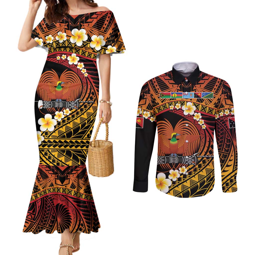 Melanesian Papua New Guinea Couples Matching Mermaid Dress and Long Sleeve Button Shirt Plumeria Bird of Paradise Tribal LT9 Red - Polynesian Pride