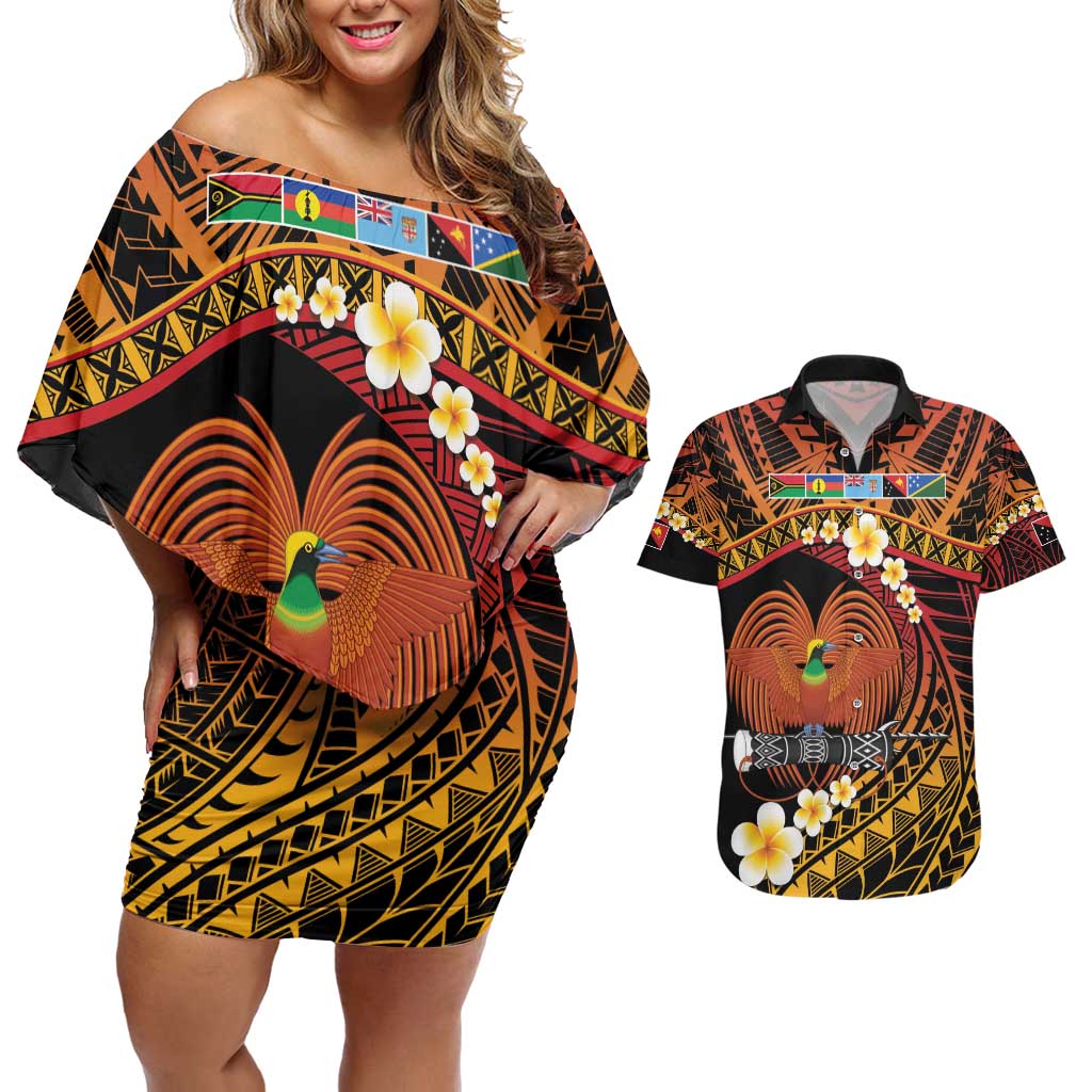 Melanesian Papua New Guinea Couples Matching Off Shoulder Short Dress and Hawaiian Shirt Plumeria Bird of Paradise Tribal LT9 Red - Polynesian Pride