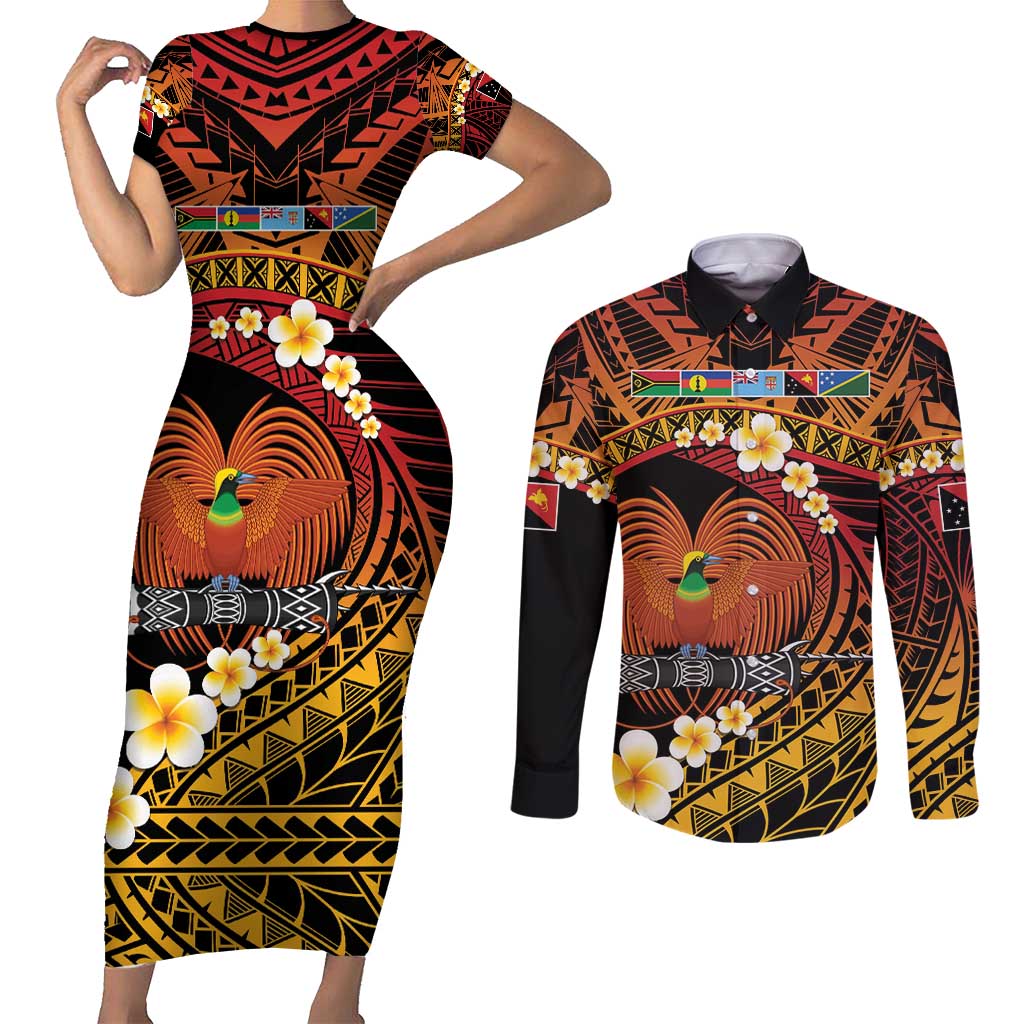 Melanesian Papua New Guinea Couples Matching Short Sleeve Bodycon Dress and Long Sleeve Button Shirt Plumeria Bird of Paradise Tribal LT9 Red - Polynesian Pride