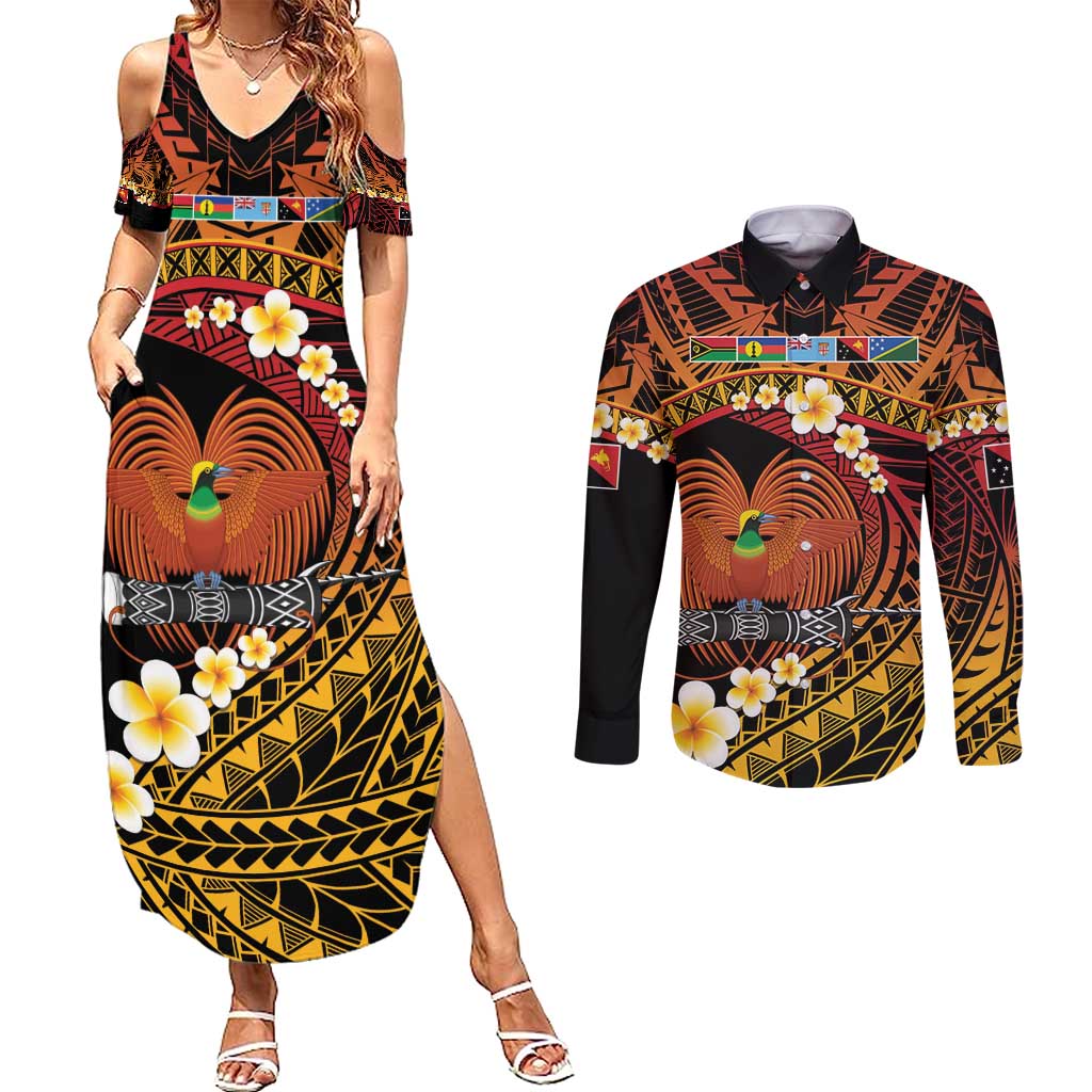 Melanesian Papua New Guinea Couples Matching Summer Maxi Dress and Long Sleeve Button Shirt Plumeria Bird of Paradise Tribal LT9 Red - Polynesian Pride