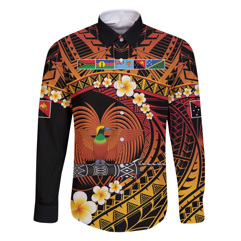 Melanesian Papua New Guinea Family Matching Mermaid Dress and Hawaiian Shirt Plumeria Bird of Paradise Tribal LT9 Dad's Shirt - Long Sleeve Red - Polynesian Pride