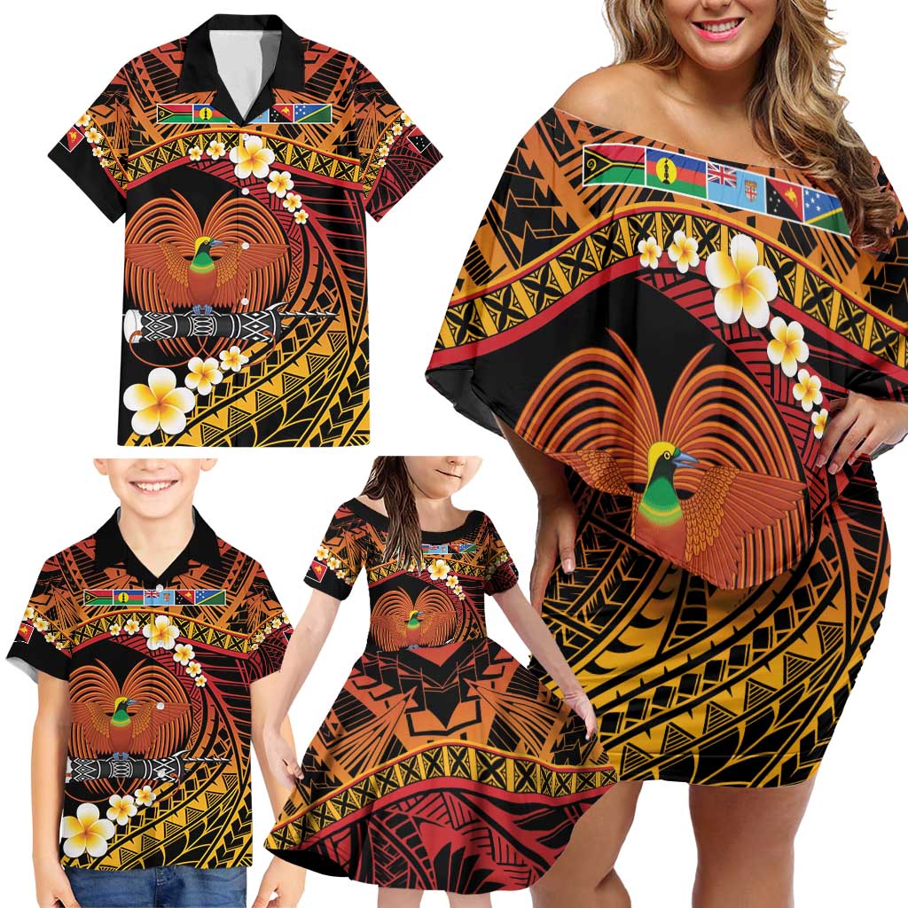 Melanesian Papua New Guinea Family Matching Off Shoulder Short Dress and Hawaiian Shirt Plumeria Bird of Paradise Tribal LT9 - Polynesian Pride