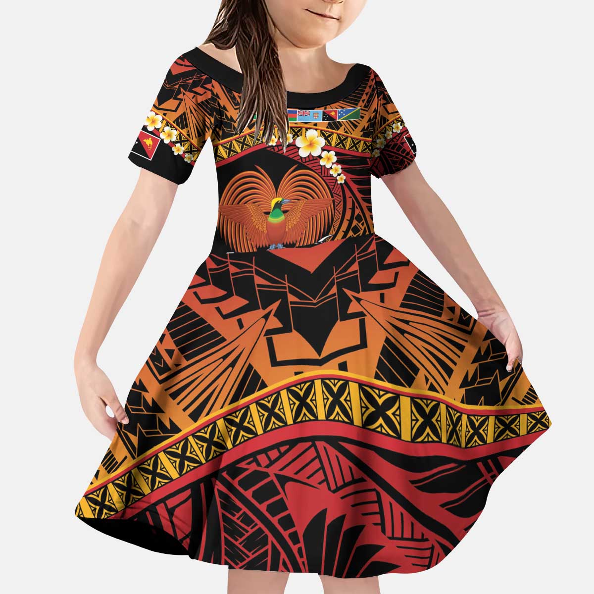 Melanesian Papua New Guinea Kid Short Sleeve Dress Plumeria Bird of Paradise Tribal LT9 KID Red - Polynesian Pride