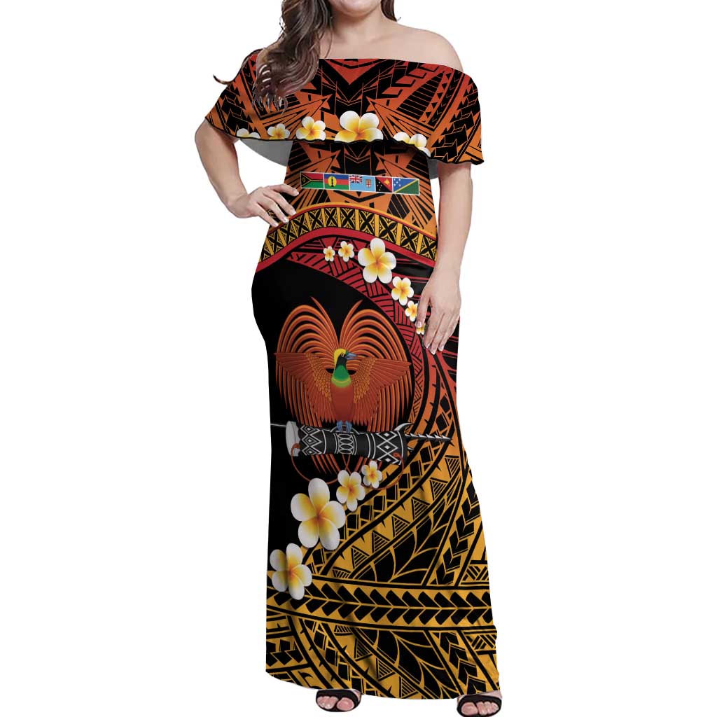 Melanesian Papua New Guinea Off Shoulder Maxi Dress Plumeria Bird of Paradise Tribal LT9 Women Red - Polynesian Pride