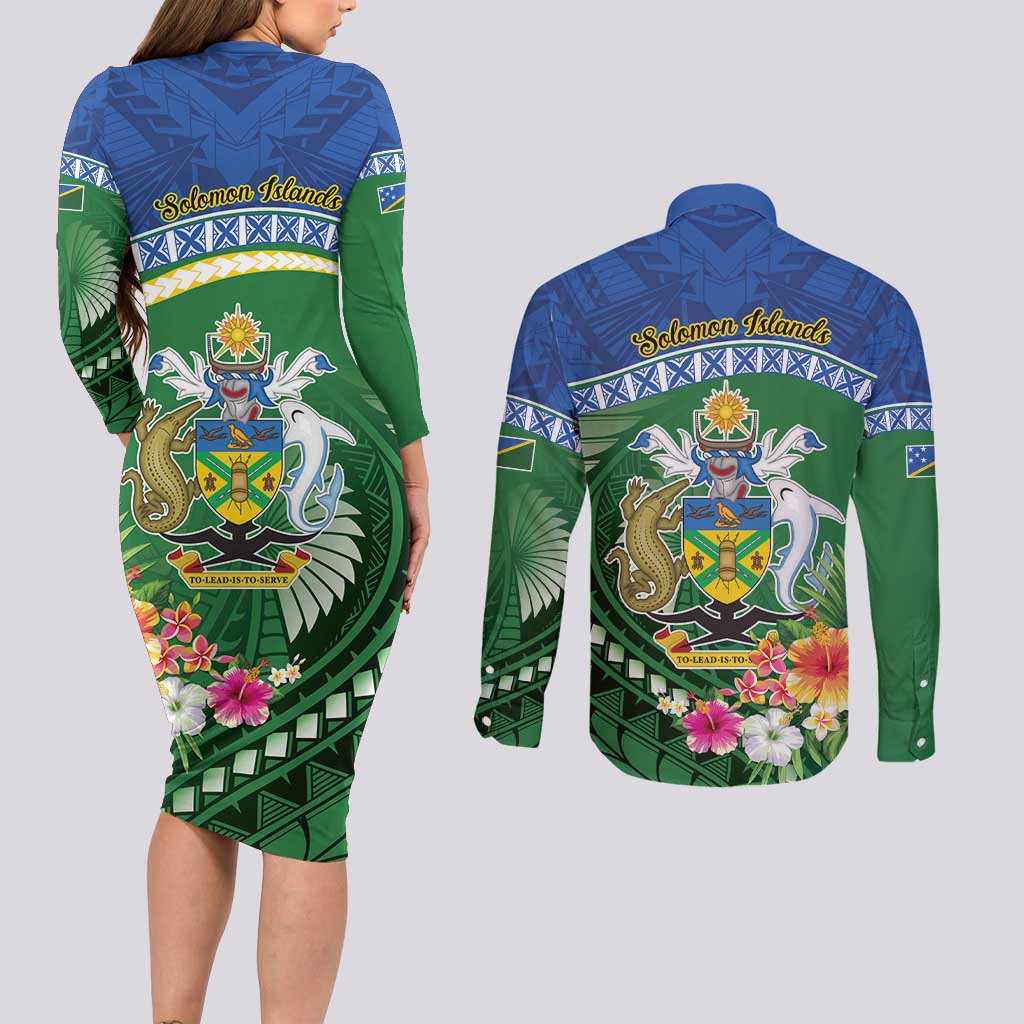 Melanesian Solomon Islands Couples Matching Long Sleeve Bodycon Dress and Long Sleeve Button Shirt Tropical Shark Tattoo