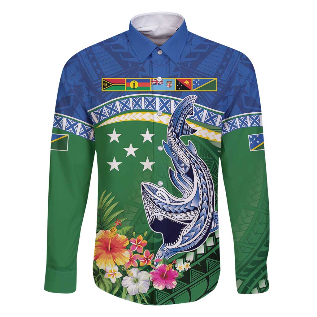 Melanesian Solomon Islands Family Matching Mermaid Dress and Hawaiian Shirt Tropical Shark Tattoo LT9 Dad's Shirt - Long Sleeve Blue - Polynesian Pride