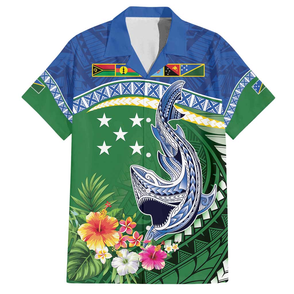 Melanesian Solomon Islands Family Matching Off Shoulder Short Dress and Hawaiian Shirt Tropical Shark Tattoo LT9 Dad's Shirt - Short Sleeve Blue - Polynesian Pride