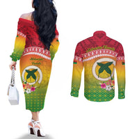 Melanesian Ni-Vanuatu Couples Matching Off The Shoulder Long Sleeve Dress and Long Sleeve Button Shirt Sea Turtle with Sand Drawing Pattern