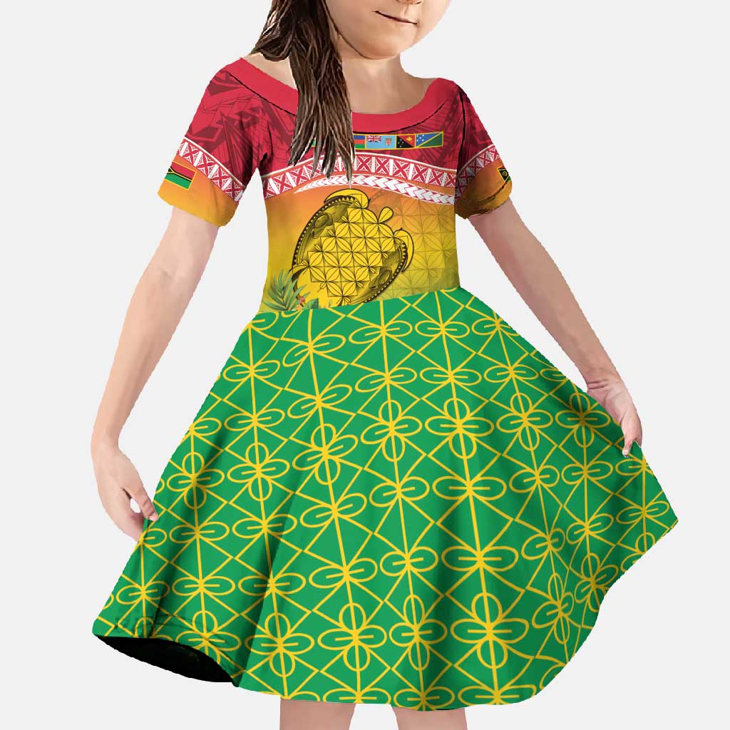 Melanesian Ni-Vanuatu Family Matching Mermaid Dress and Hawaiian Shirt Sea Turtle with Sand Drawing Pattern LT9 Daughter's Dress Reggae - Polynesian Pride