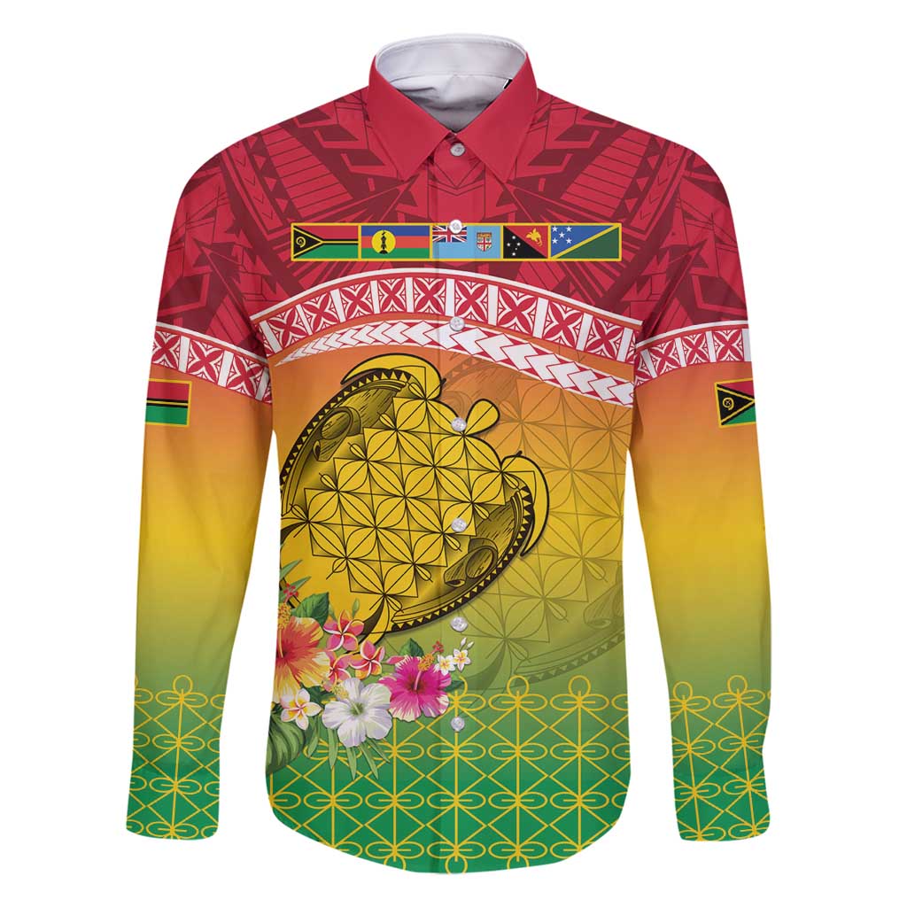 Melanesian Ni-Vanuatu Family Matching Tank Maxi Dress and Hawaiian Shirt Sea Turtle with Sand Drawing Pattern LT9 Dad's Shirt - Long Sleeve Reggae - Polynesian Pride