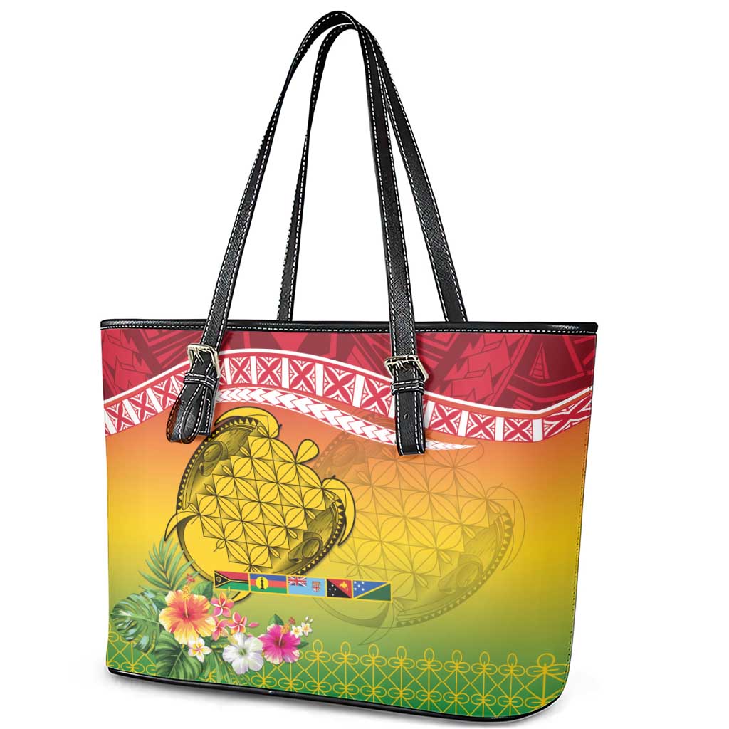 Melanesian Ni-Vanuatu Leather Tote Bag Sea Turtle with Sand Drawing Pattern