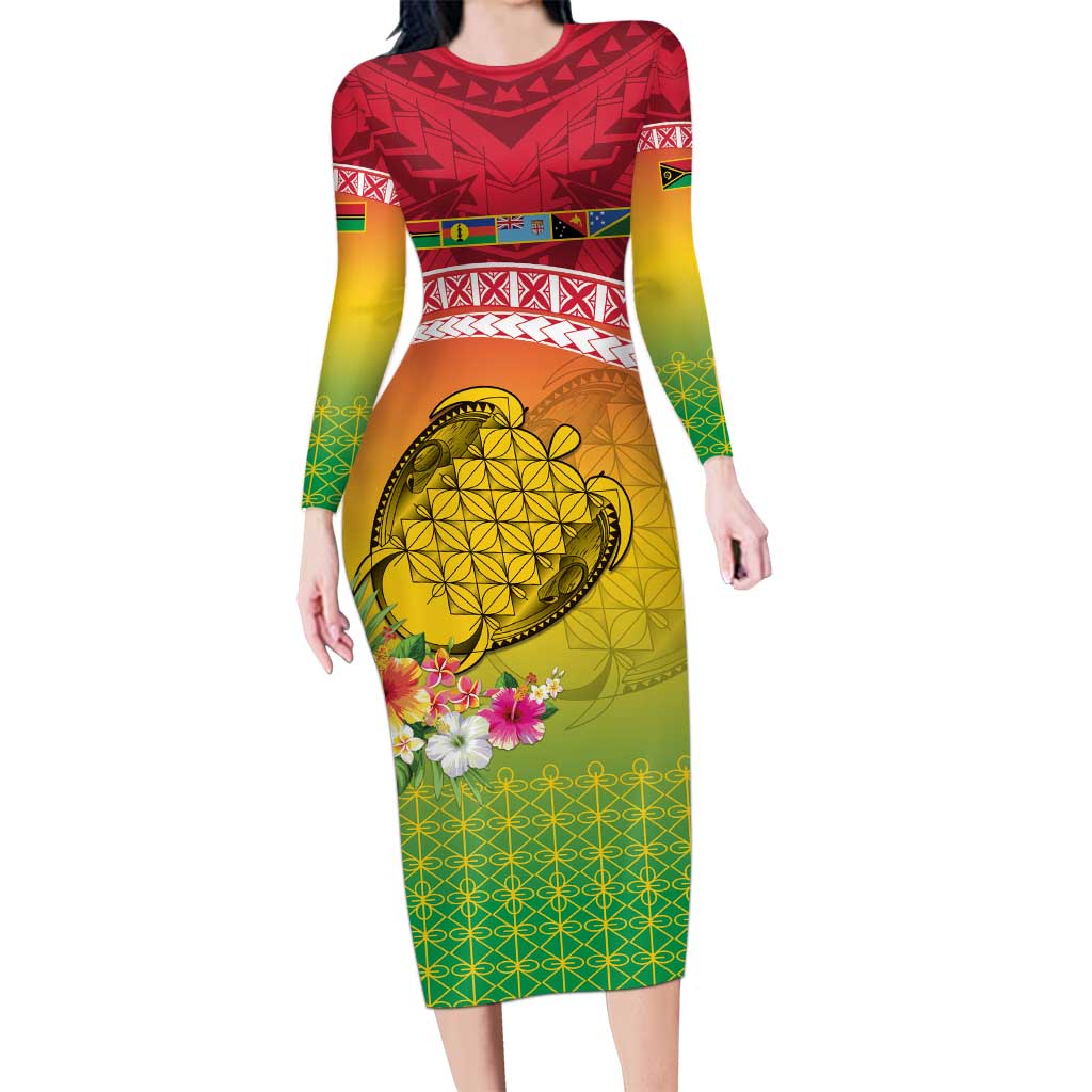 Melanesian Ni-Vanuatu Long Sleeve Bodycon Dress Sea Turtle with Sand Drawing Pattern LT9 Long Dress Reggae - Polynesian Pride