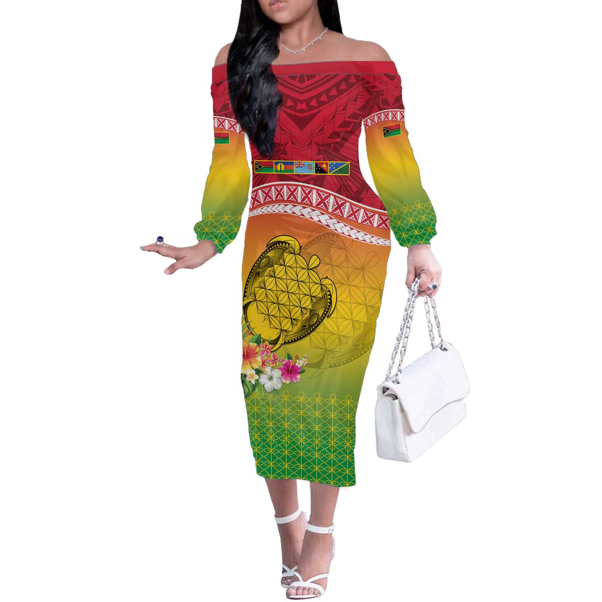 Melanesian Ni-Vanuatu Off The Shoulder Long Sleeve Dress Sea Turtle with Sand Drawing Pattern LT9 Women Reggae - Polynesian Pride