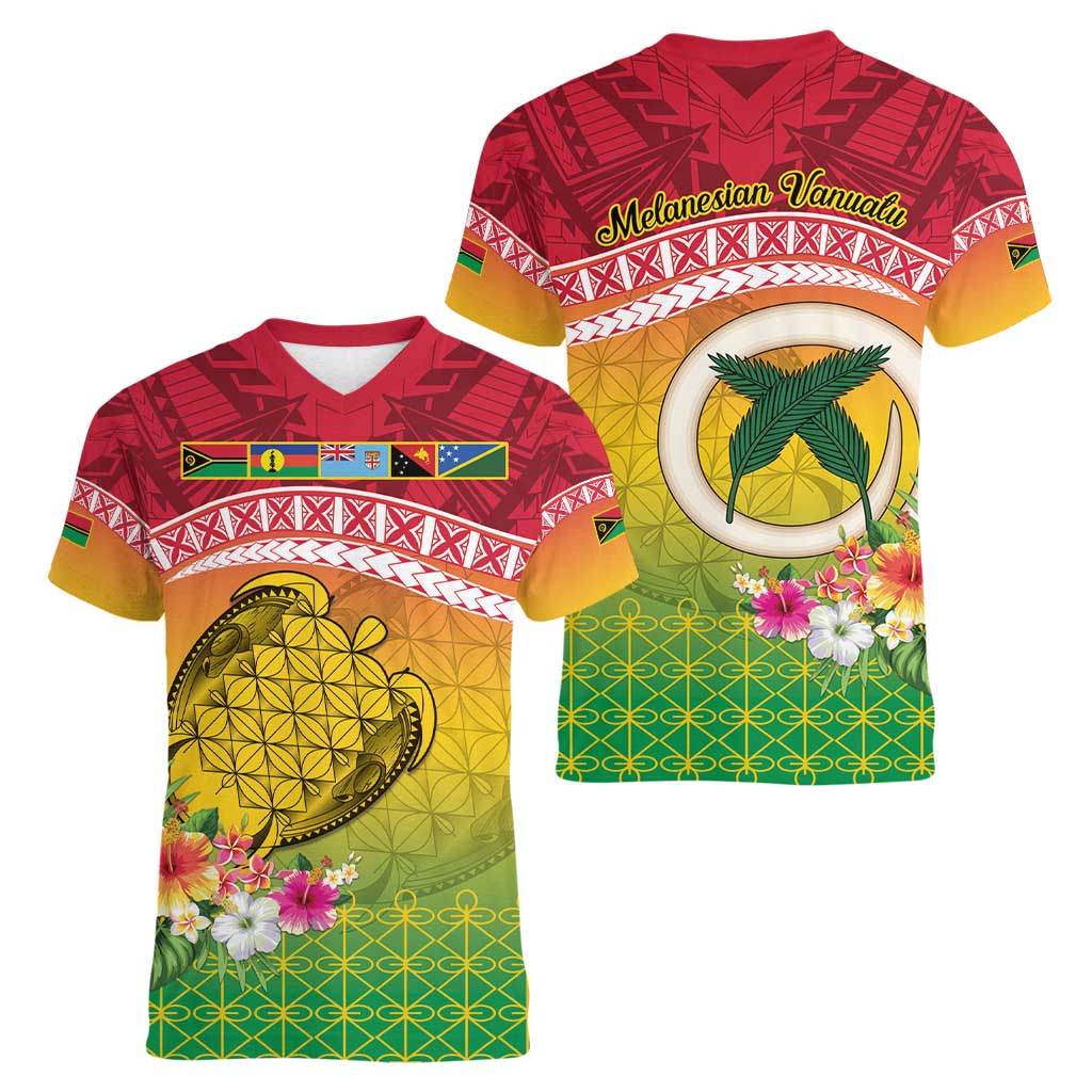 Melanesian Ni-Vanuatu Women V-Neck T-Shirt Sea Turtle with Sand Drawing Pattern LT9 - Polynesian Pride