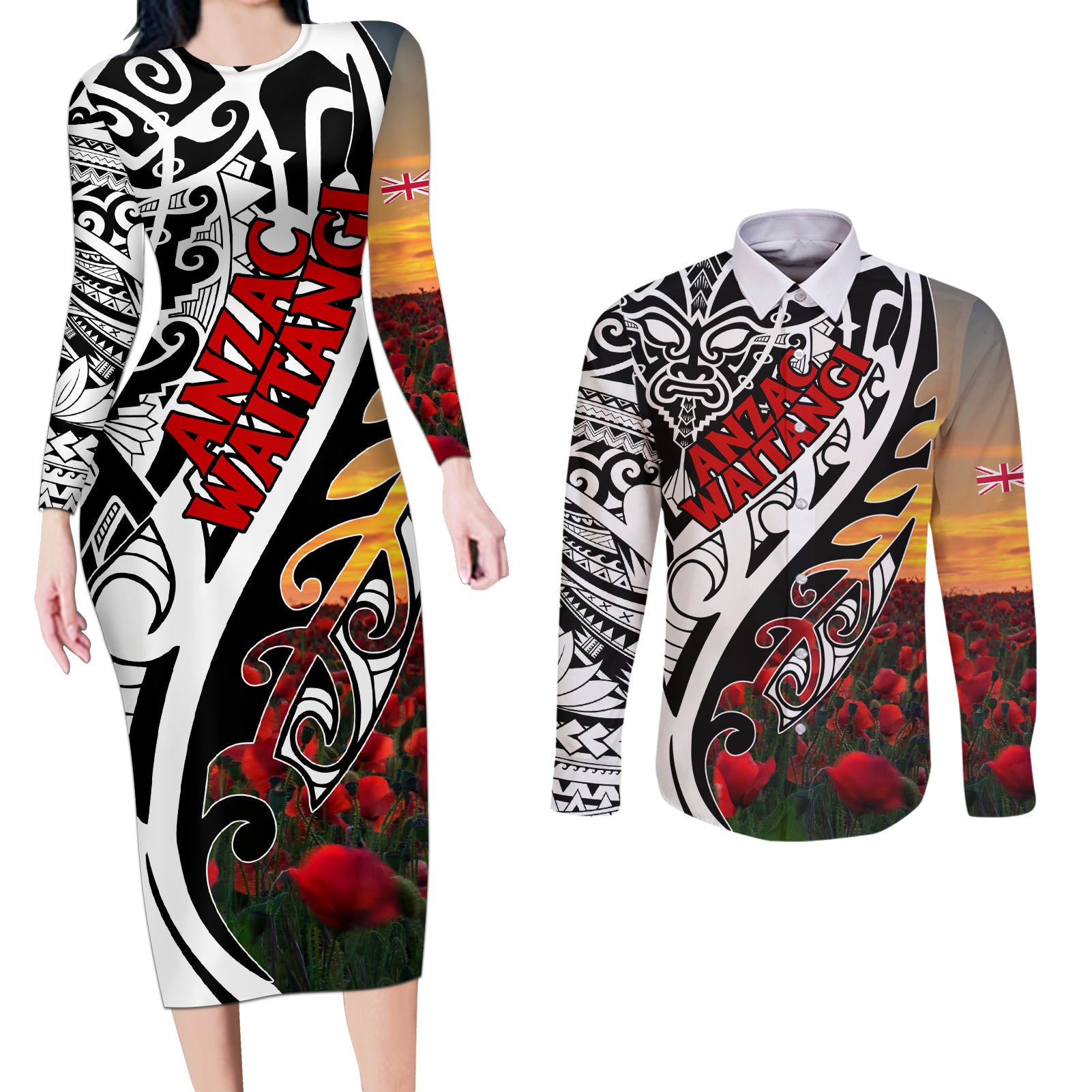 Personalised New Zealand Waitangi and ANZAC day Couples Matching Long Sleeve Bodycon Dress and Long Sleeve Button Shirt LT9 White - Polynesian Pride